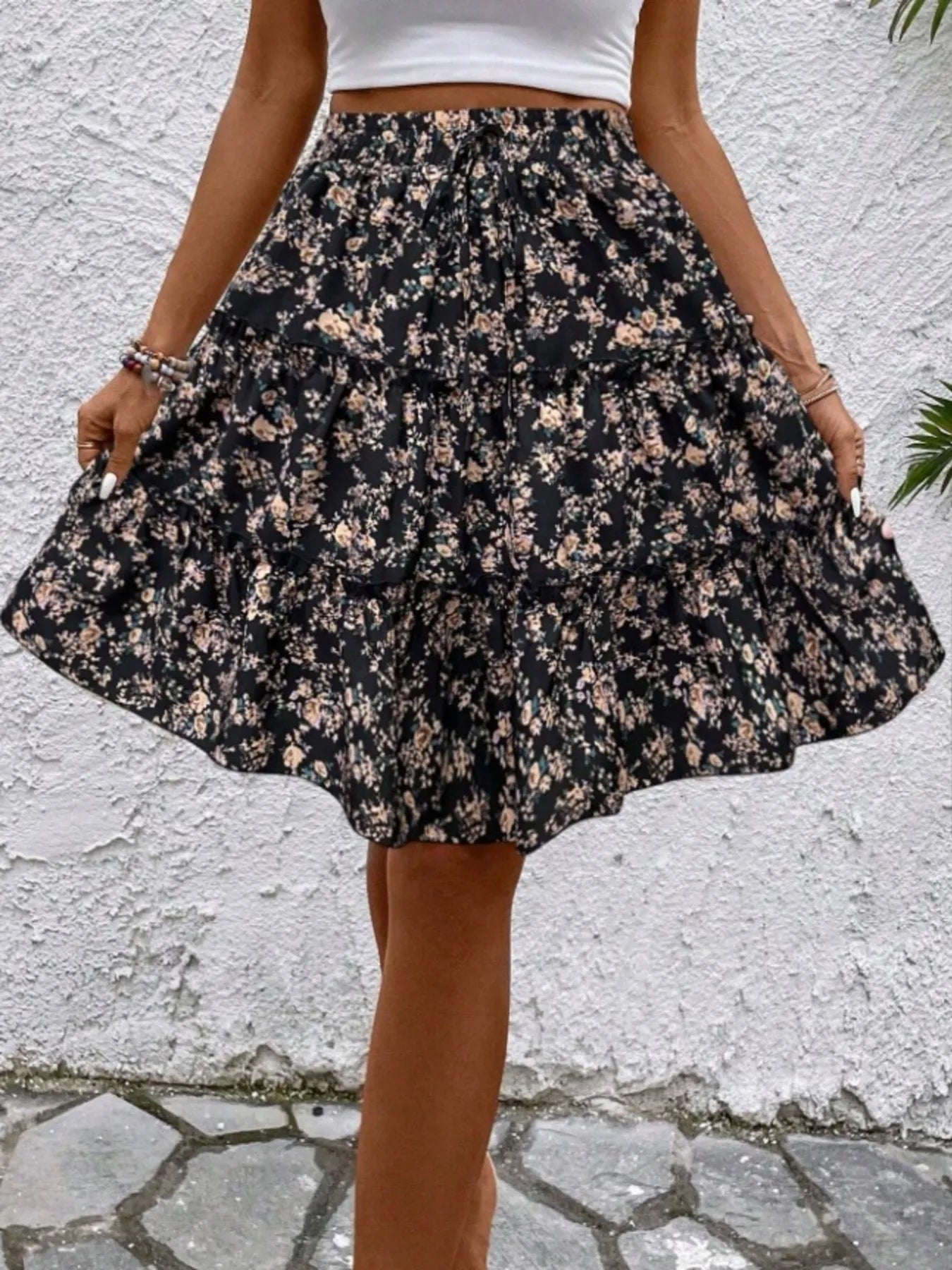 Floral Print Midi Skirt Black