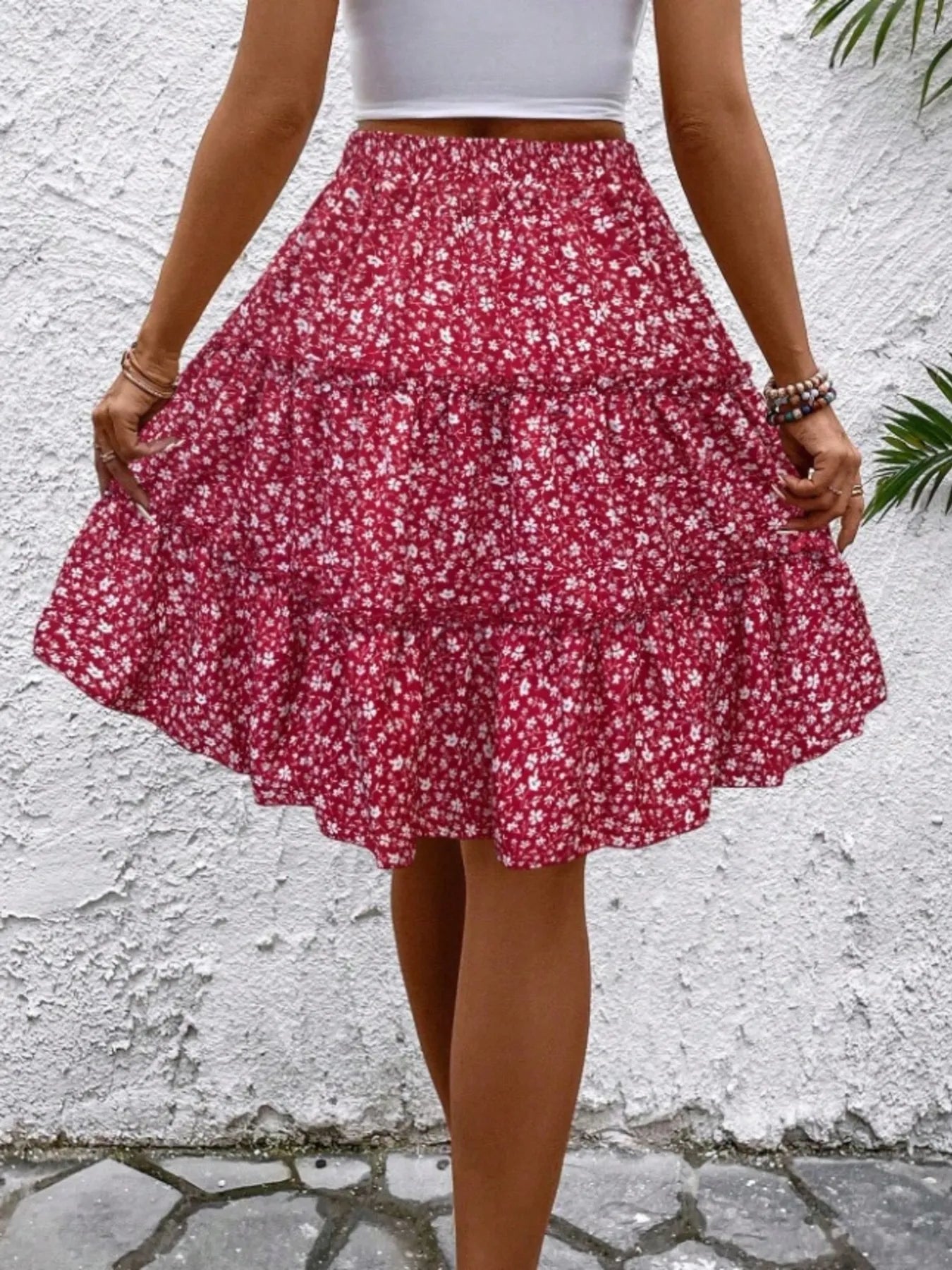 Floral Print Midi Skirt Red