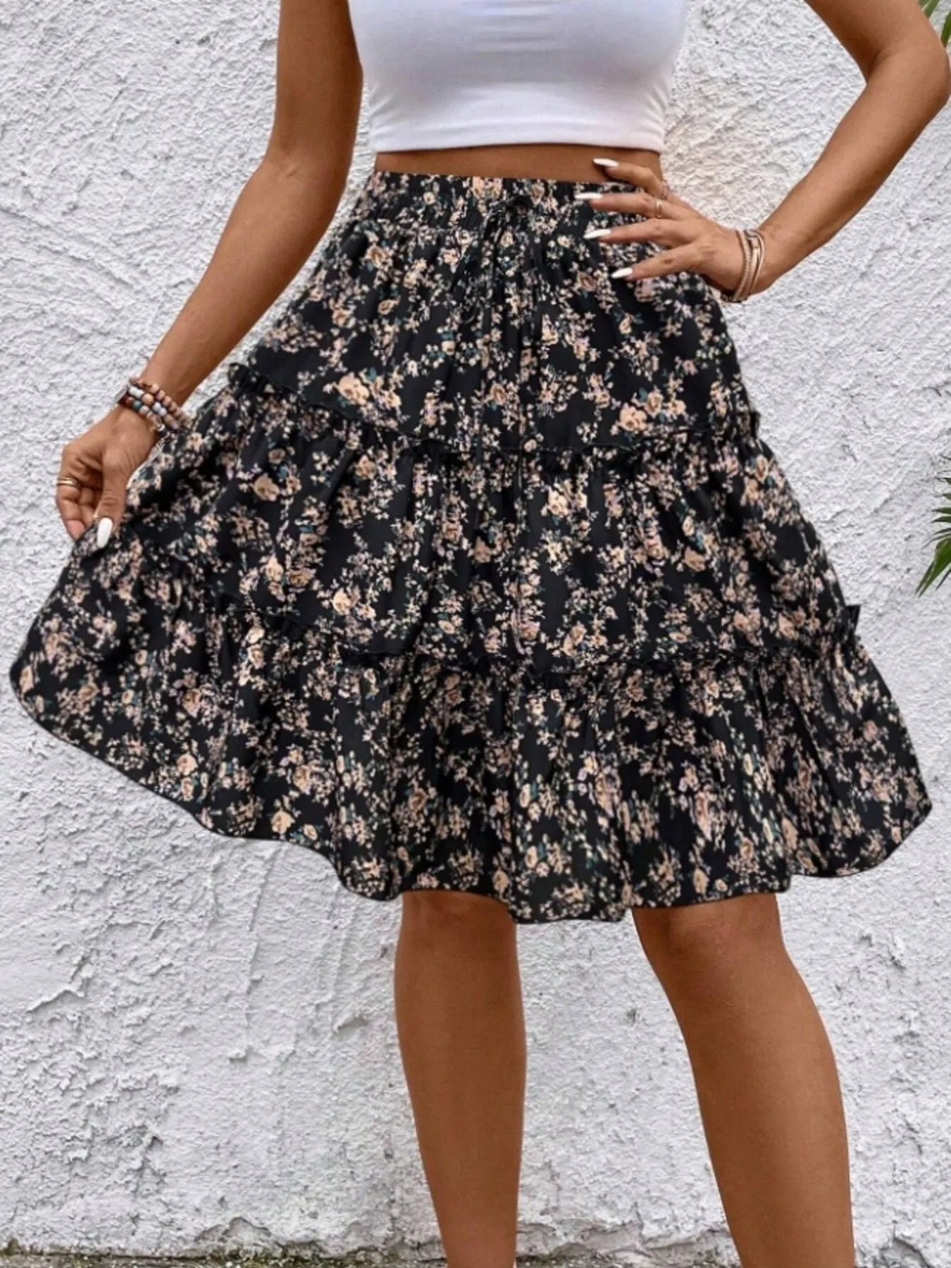 Floral Print Midi Skirt Black
