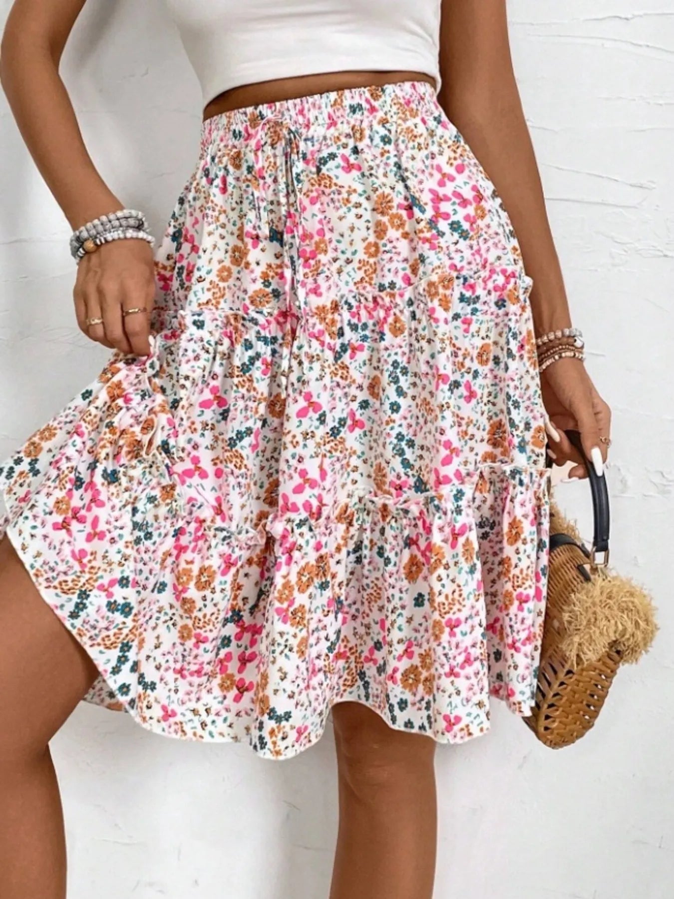 Floral Print Midi Skirt Pink