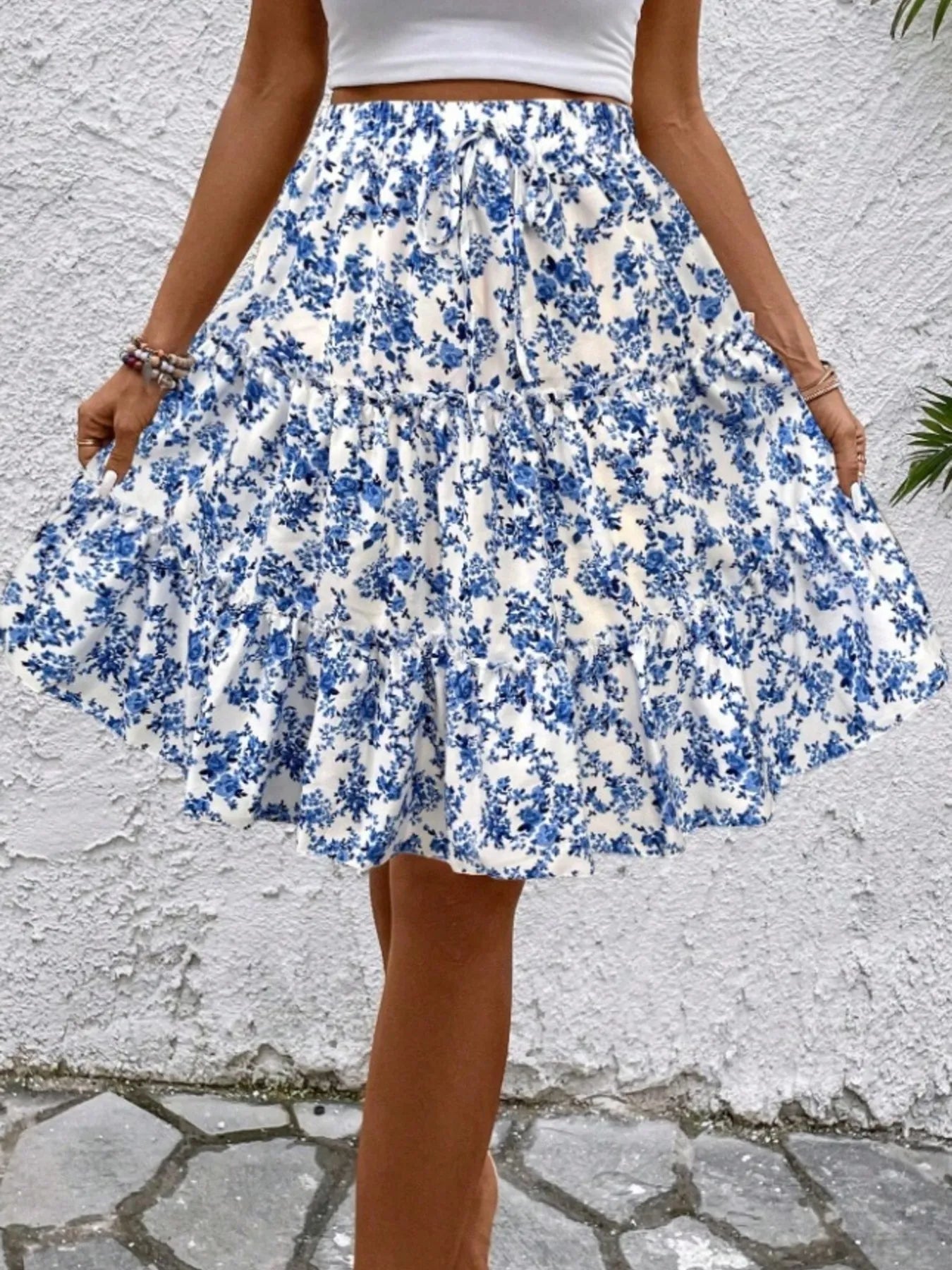 Floral Print Midi Skirt Sky Blue