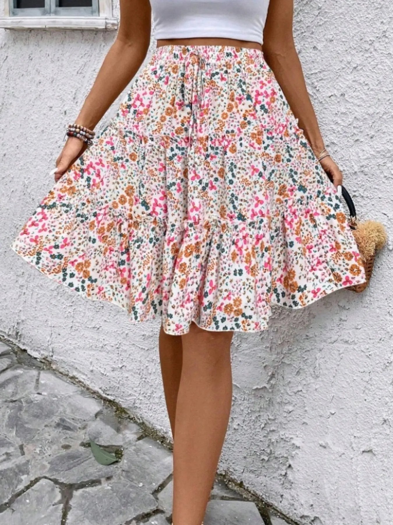 Floral Print Midi Skirt Pink
