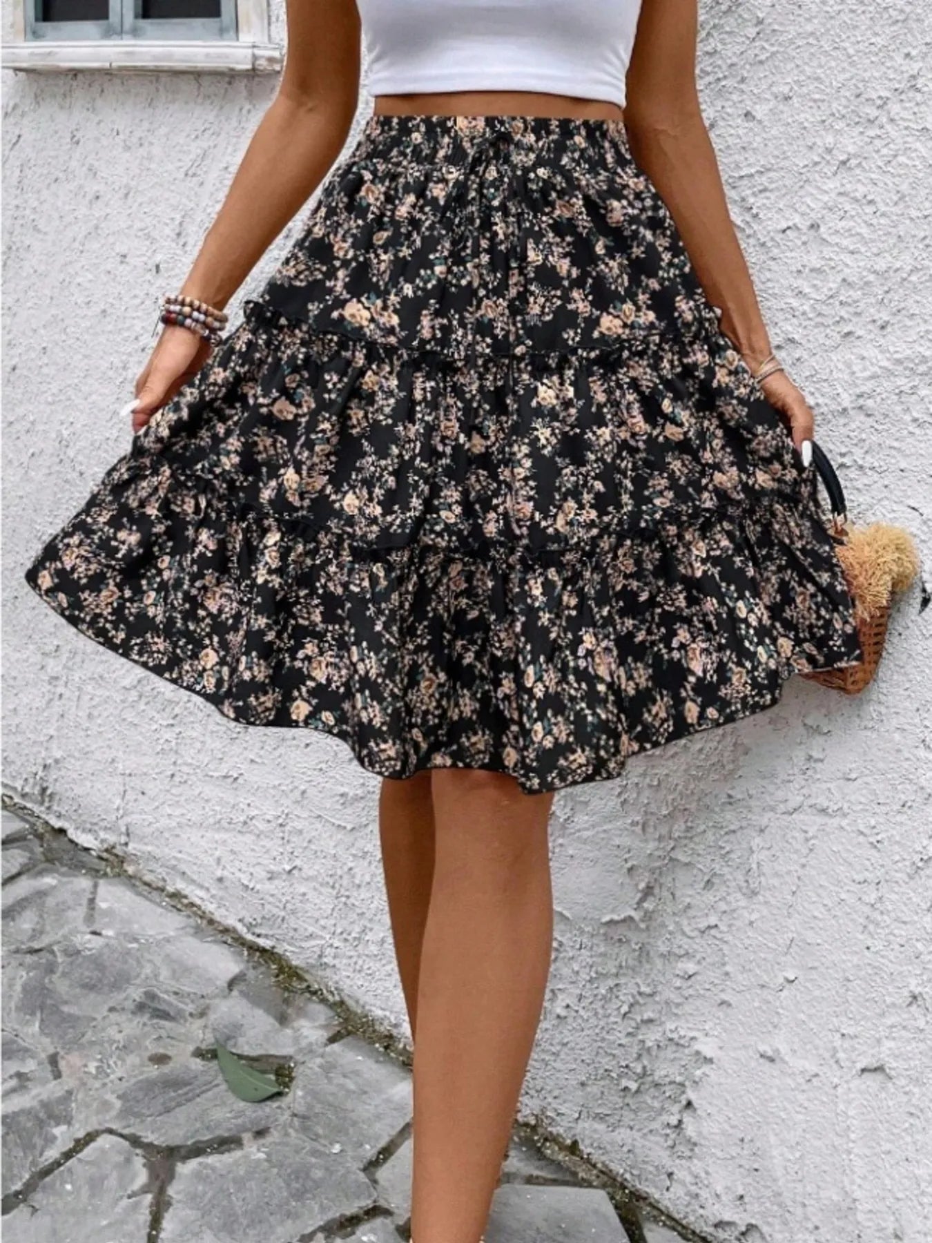 Floral Print Midi Skirt Black