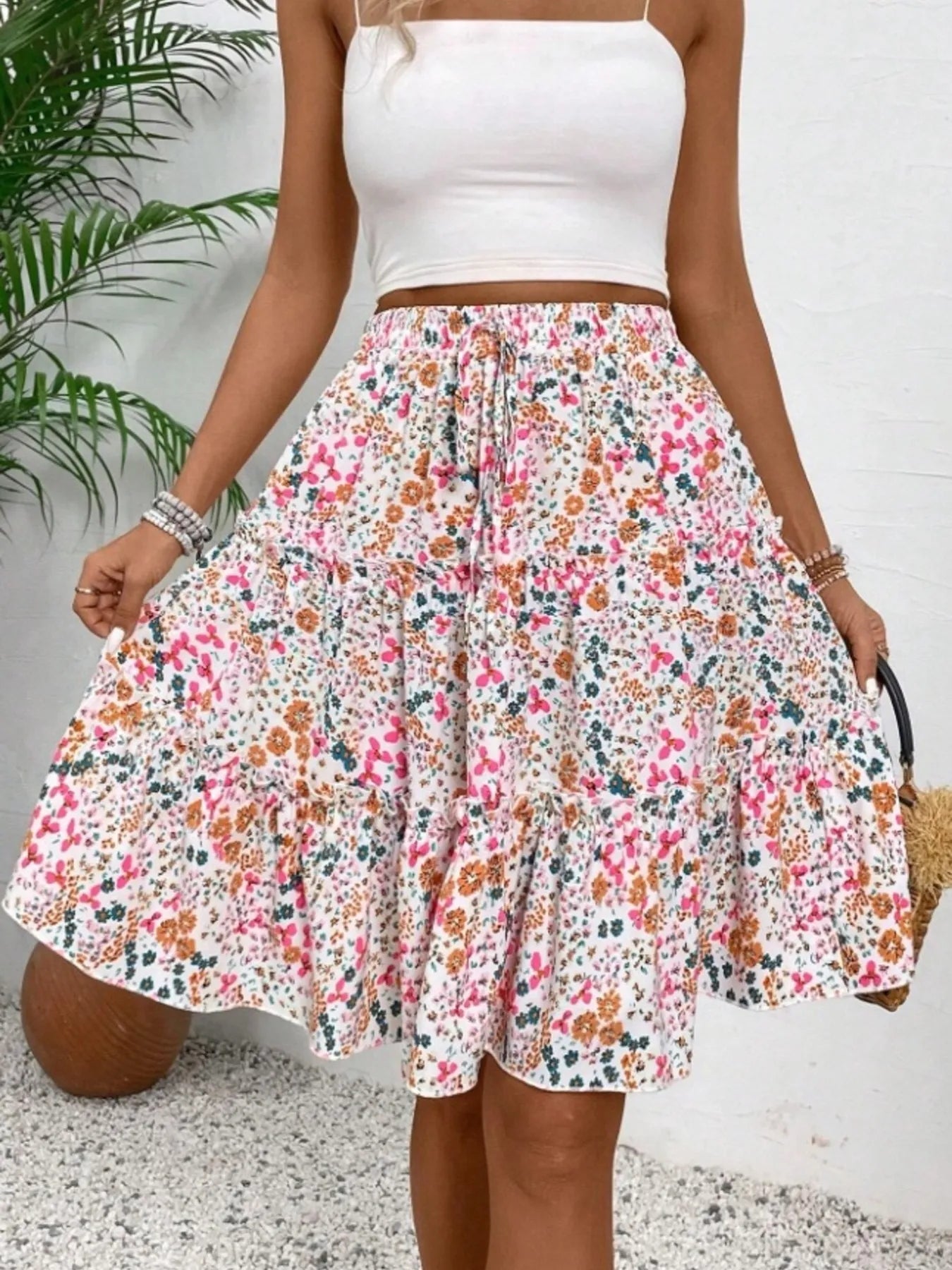 Floral Print Midi Skirt Pink