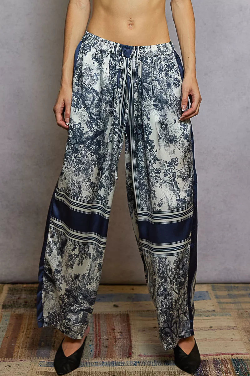 Floral Printed Pants Ivory Navy Floral