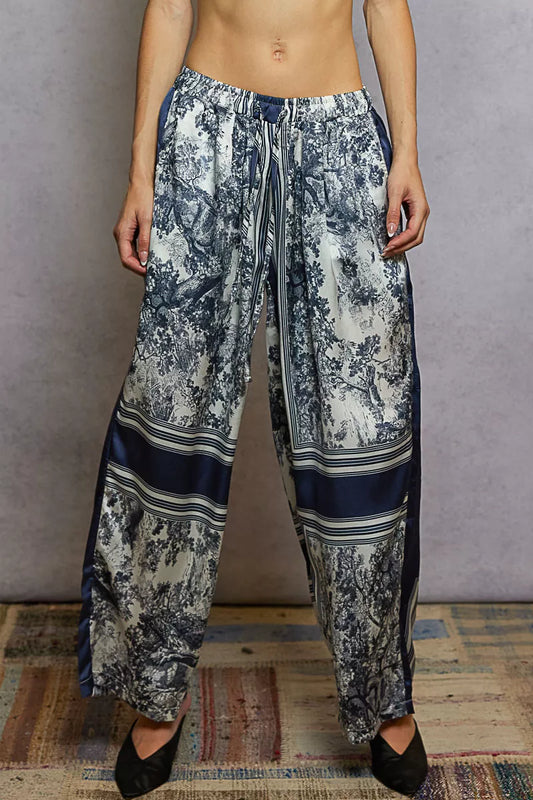Floral Printed Pants Ivory Navy Floral