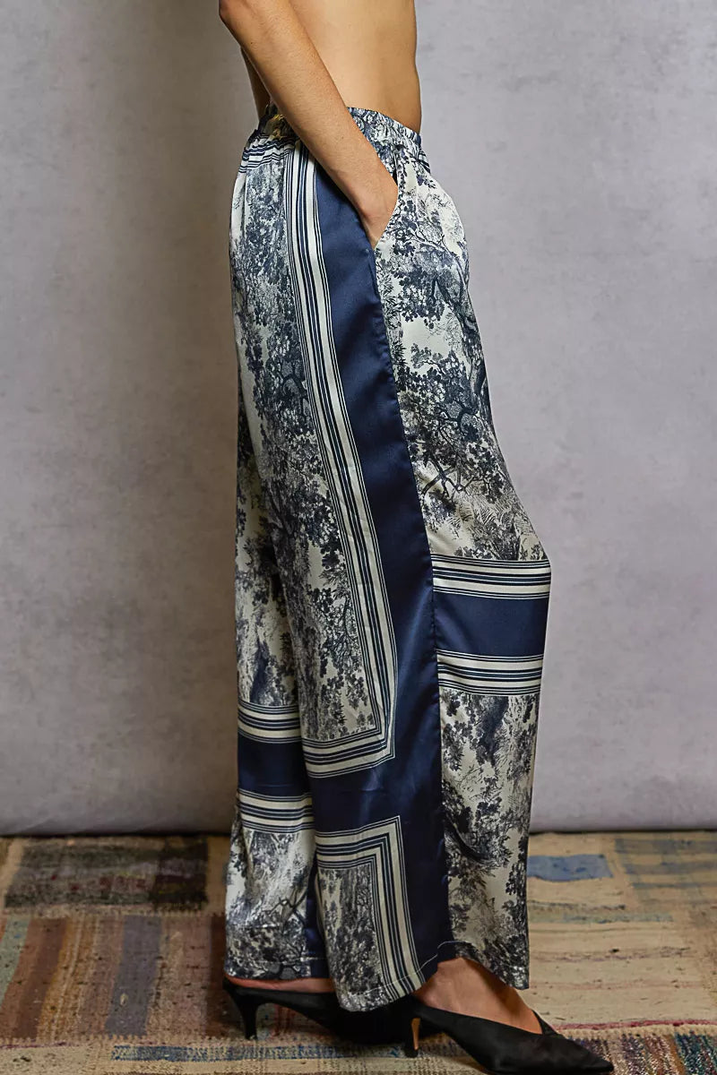 Floral Printed Pants Ivory Navy Floral