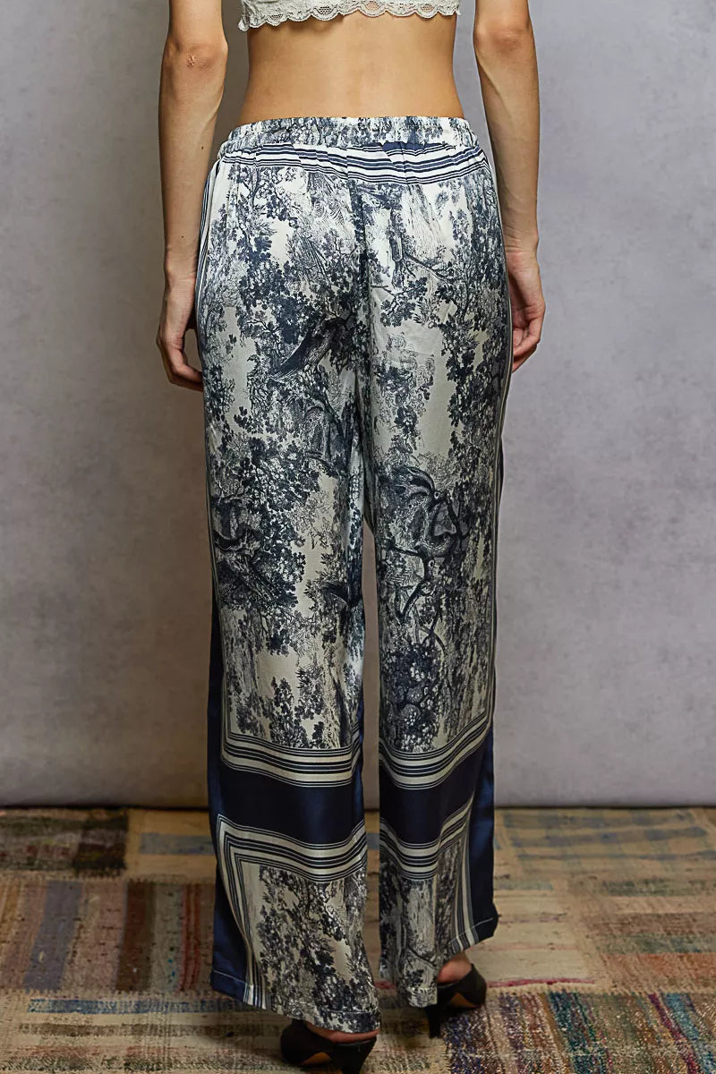 Floral Printed Pants Ivory Navy Floral