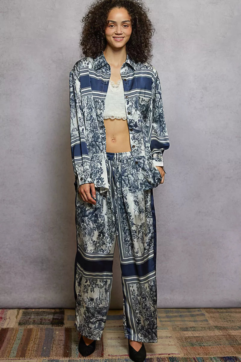 Floral Printed Pants Ivory Navy Floral