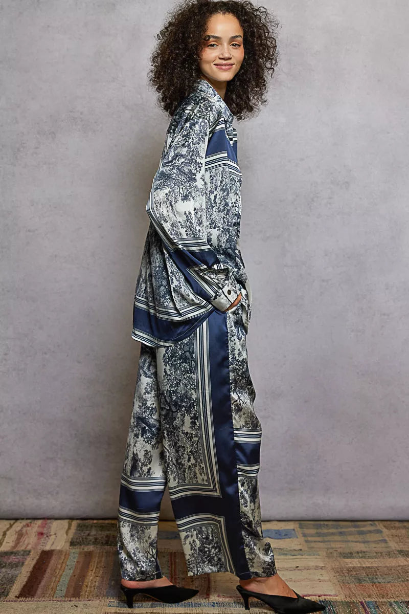 Floral Printed Pants Ivory Navy Floral