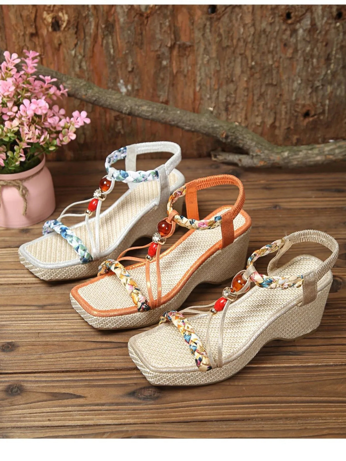 Floral wedge sandals with beige textured wedge and multicolor beaded straps