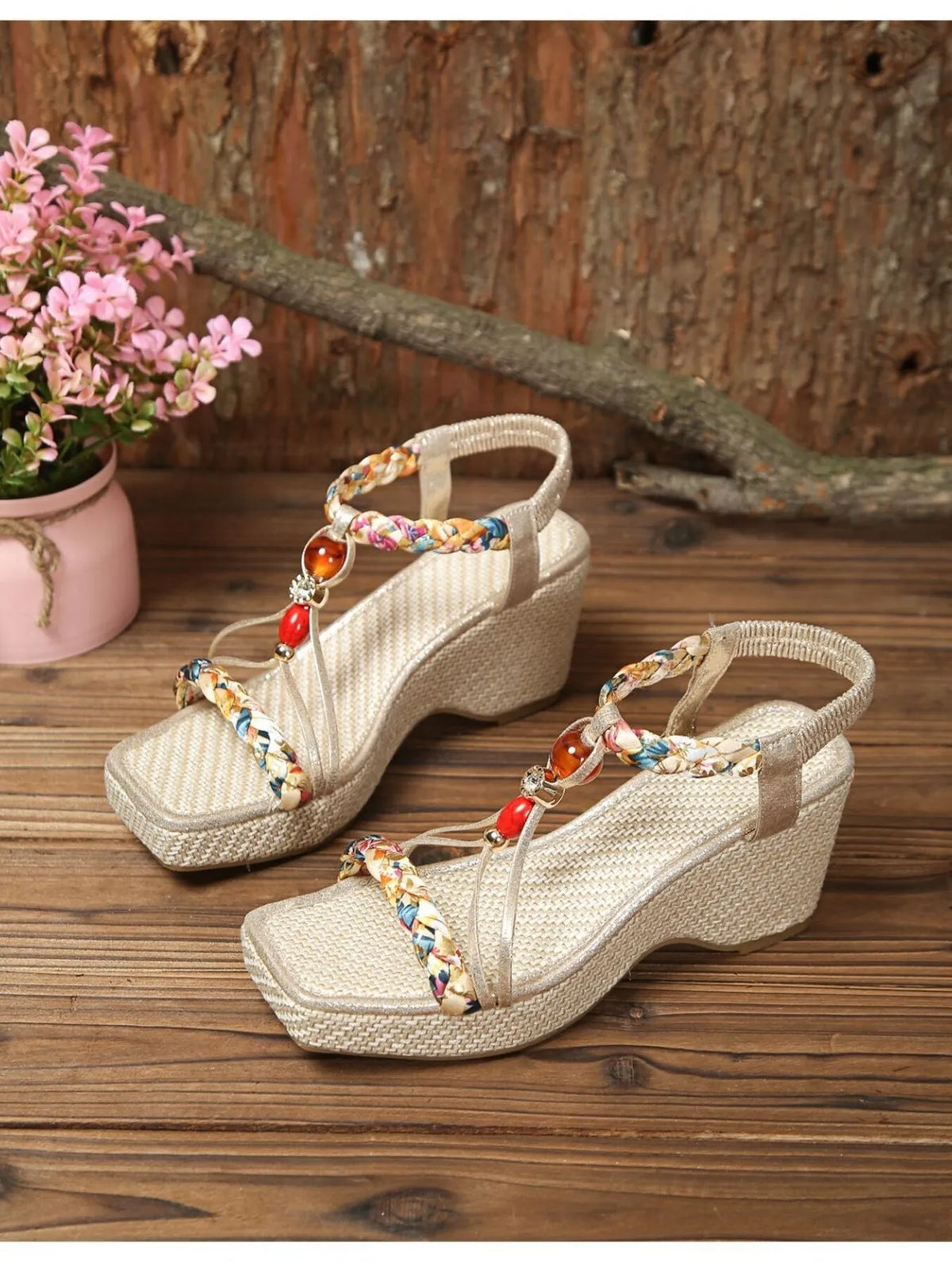 Floral wedge sandals with beige wedge and colorful beaded slingback straps
