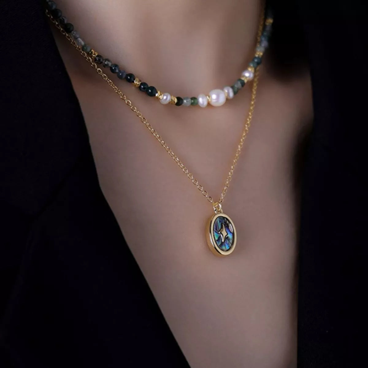 Freshwater Pearl & Abalone Pendant Necklace Gold One Size