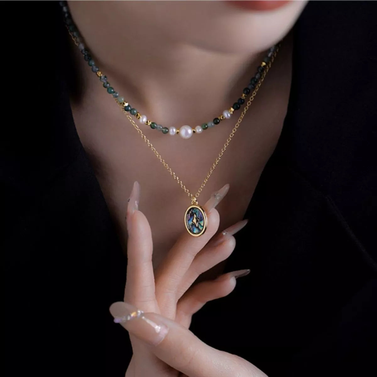 Freshwater Pearl & Abalone Pendant Necklace Gold One Size