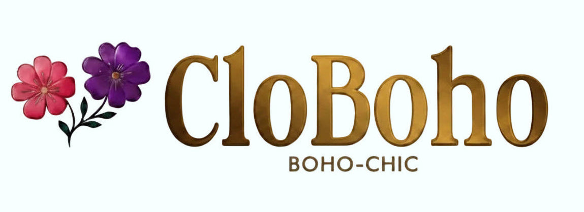 CloBoho logo with two small flower icons and text "BOHO-CHIC"