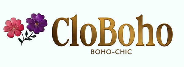 A logo-style graphic on a light off-white background with the word 'CloBoho' in large gold serif letters, smaller gold text reading 'BOHO-CHIC' underneath, and two decorative flowers in pink and purple with green stems to the left.