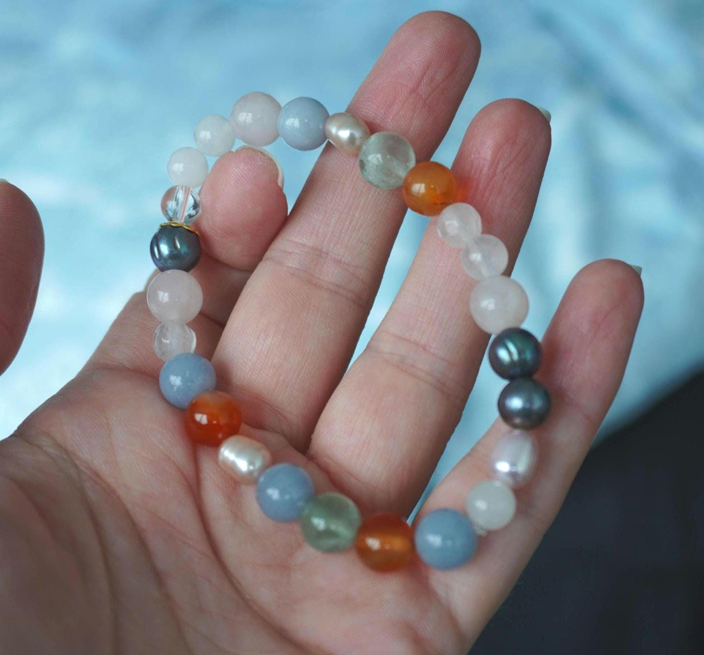 Gemstone Charm Bracelets! Happiness & Purity - Orange Agate - Pink and Purple Freshwater Pearls - Angelite - White Jade - Fluorite