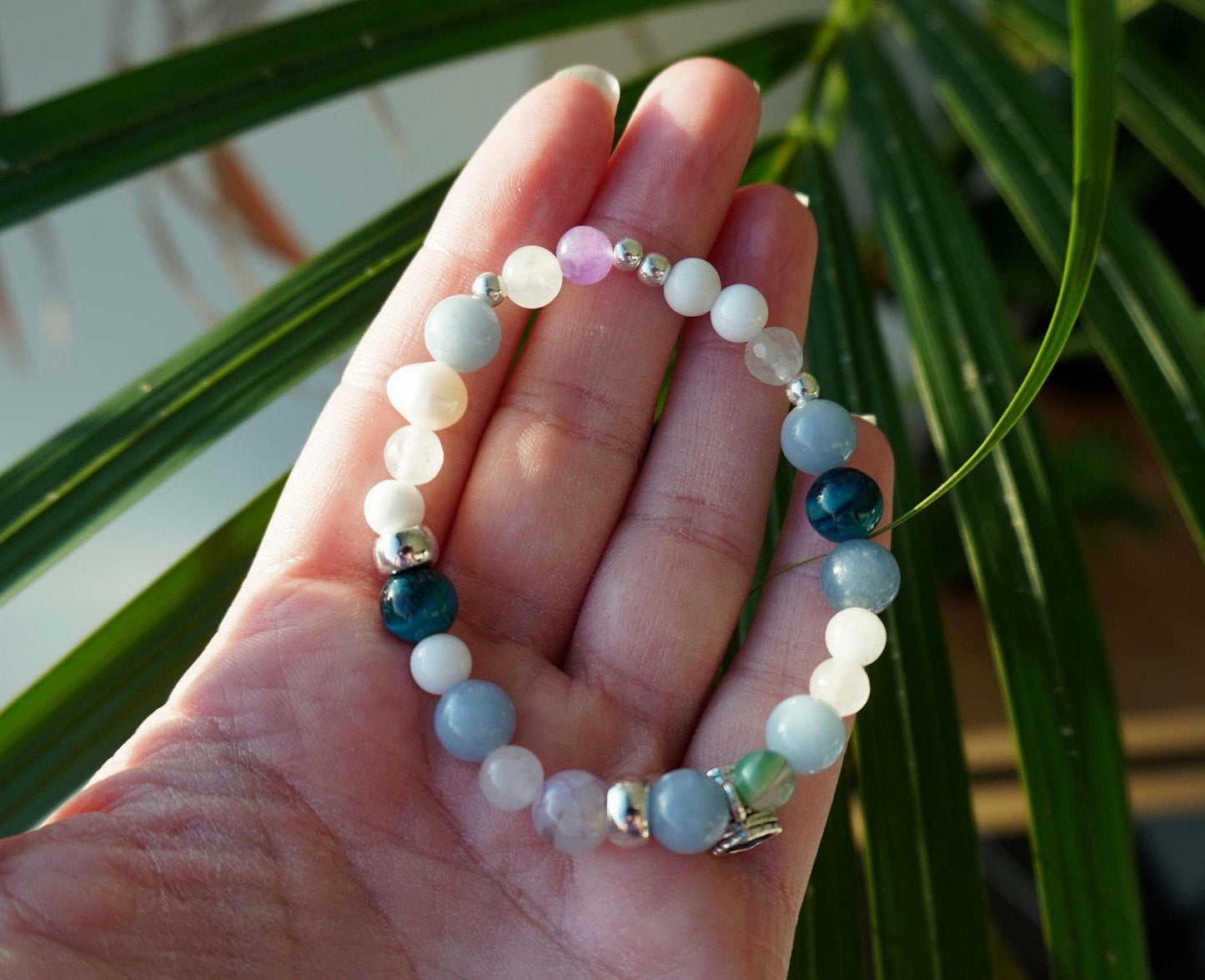 Gemstone Charm Bracelets! Peace Purity & Positivity - Angelite - Amethyst - White Jade - White Freshwater Pearls - Blue Quartz - Blue Tiger Eye - Chalcedony - Zebra Jasper