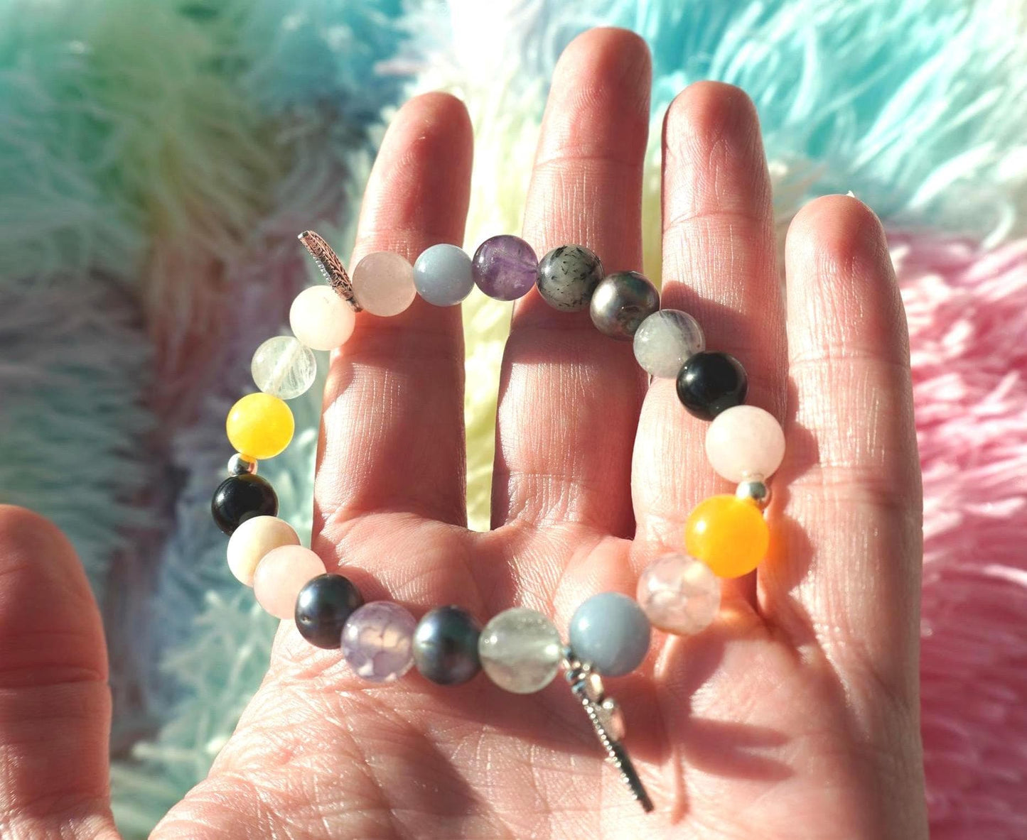 Gemstone Charm Bracelets! Happiness & Life - Purple Freshwater Pearls - Rose Quartz - Yellow Agate - Morganite - Tourmalated Quartz - Fluorite - Angelite - Black Onyx