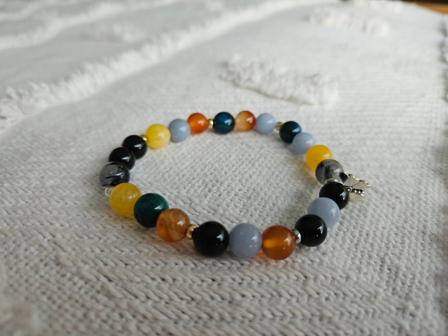 Gemstone Charm Bracelets! Protection & Happiness - Angelite - Yellow Agate - Black Onyx - Orange Agate - Tourmalated Quartz - Blue Tiger Eye