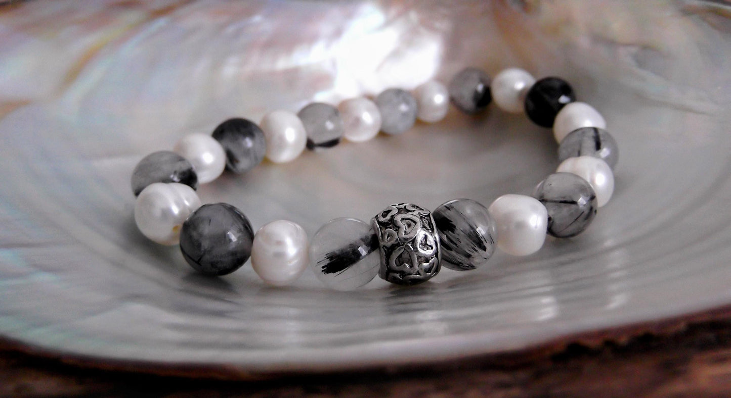 Gemstone Charm Bracelets! Positivity & Purity - White Freshwater Pearls - Tourmalated Quartz