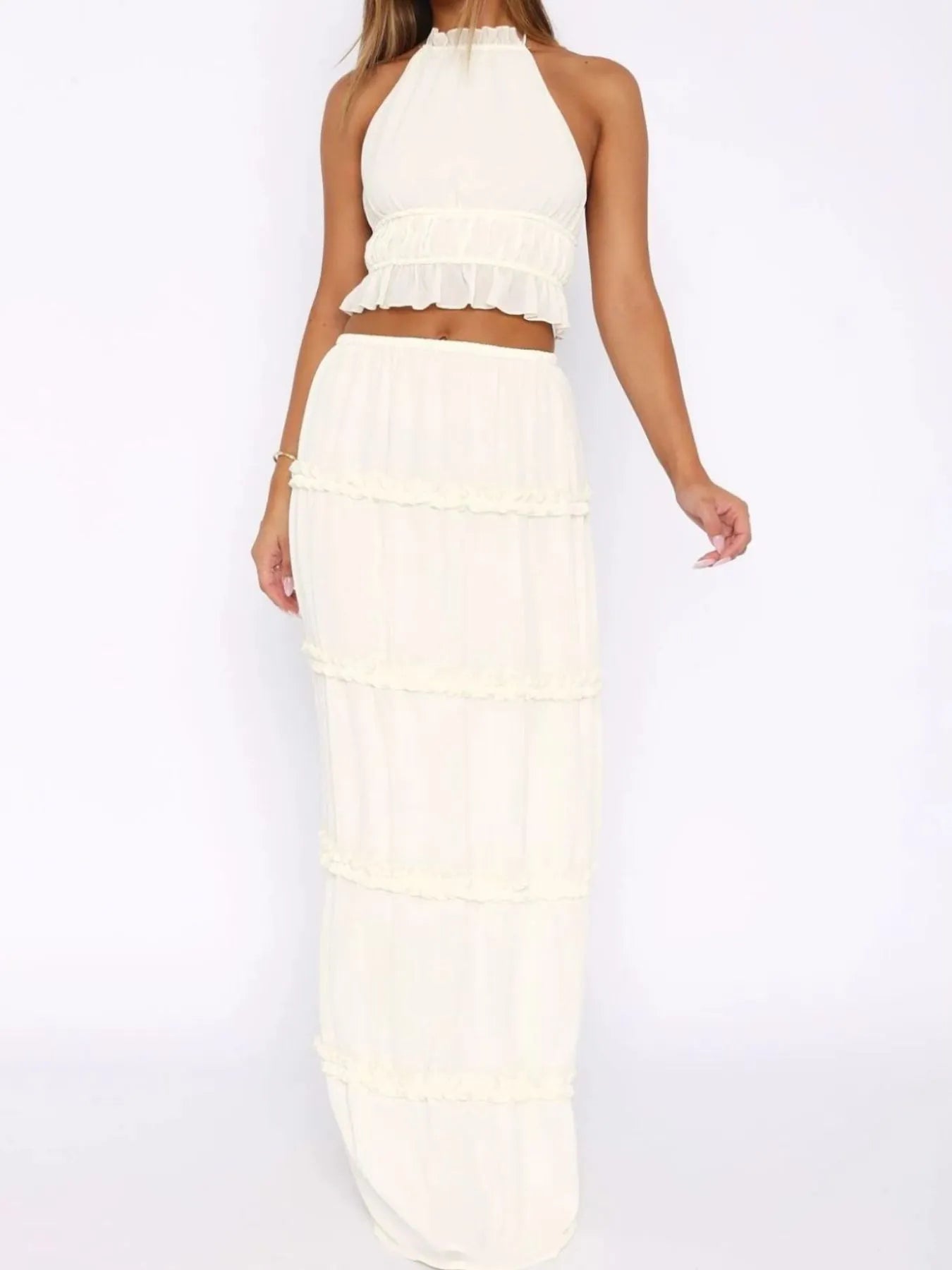 Halter Crop Backless Top and Maxi Skirt Set White