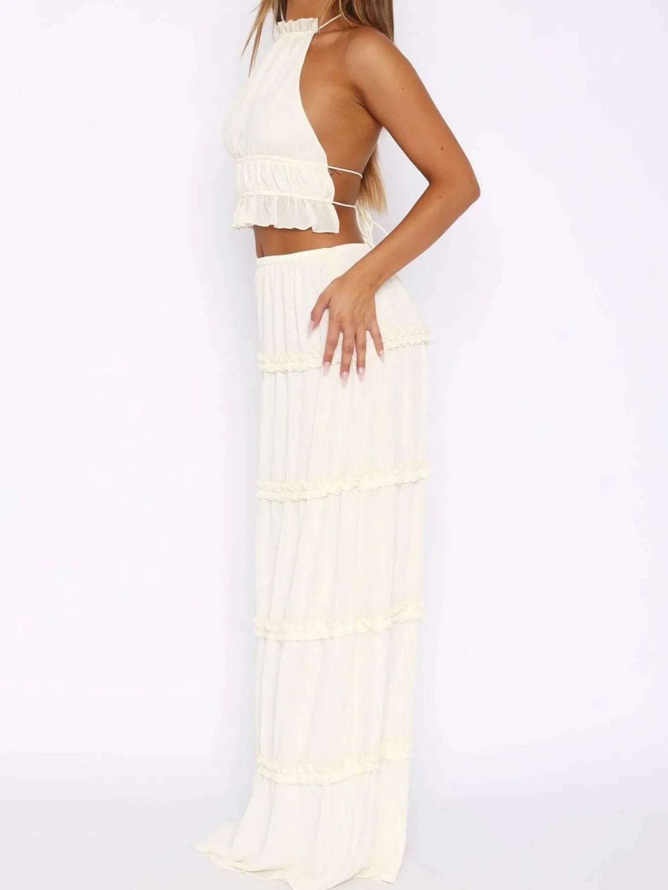 Halter Crop Backless Top and Maxi Skirt Set White
