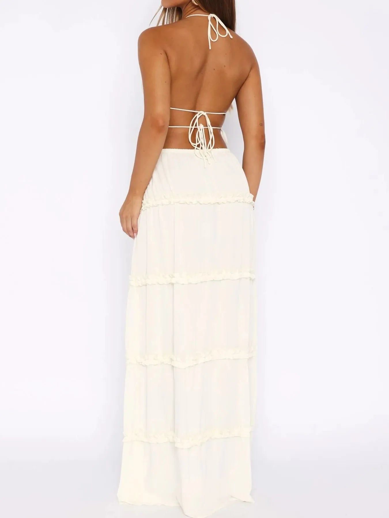 Halter Crop Backless Top and Maxi Skirt Set White