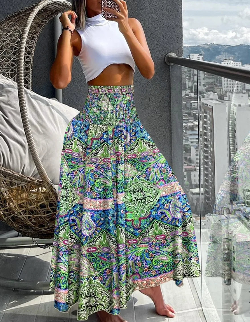 High-Waisted Boho Skirt Green