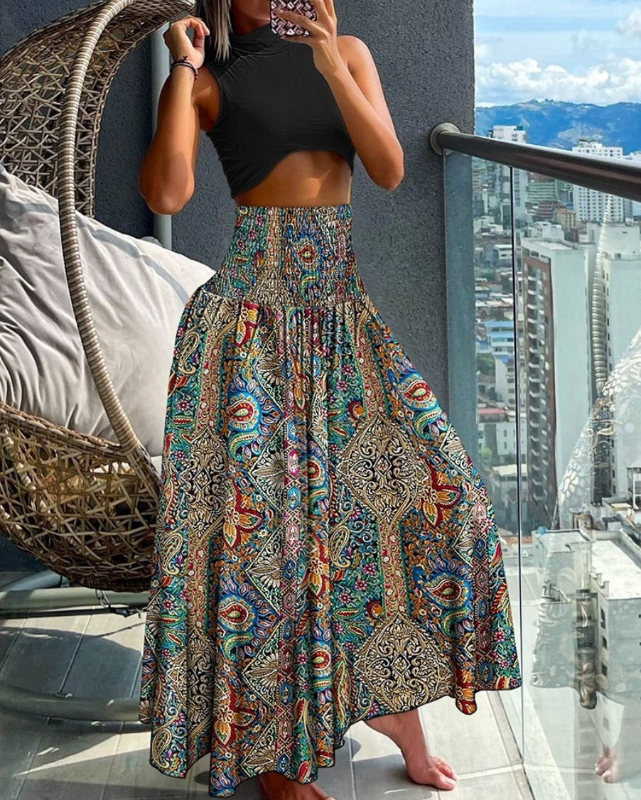 High-Waisted Boho Skirt Blue Print