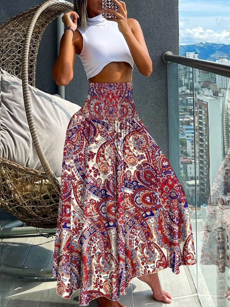 High-Waisted Boho Skirt Red