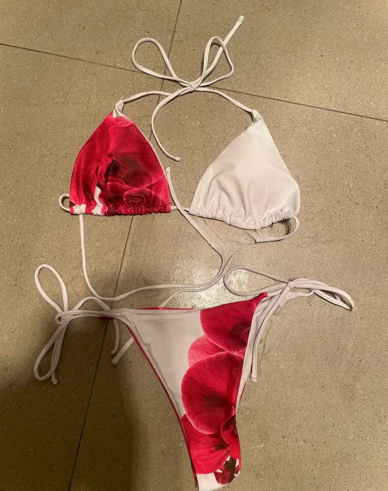 Red and white Brazilian bikini set with halter triangle top and tie-string cheeky bottoms