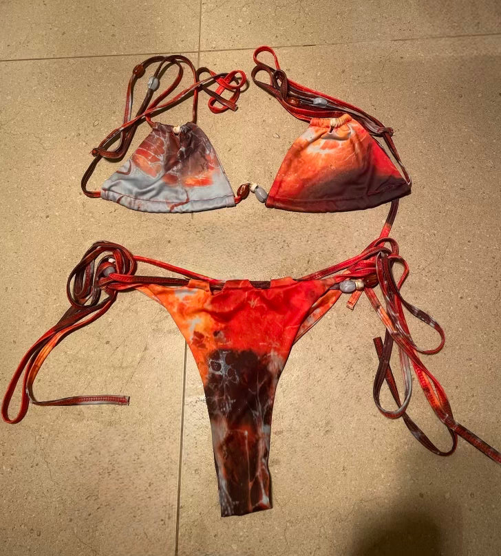 Boho tie-string bikini set with red/orange tie-dye triangle tops and thong bottoms