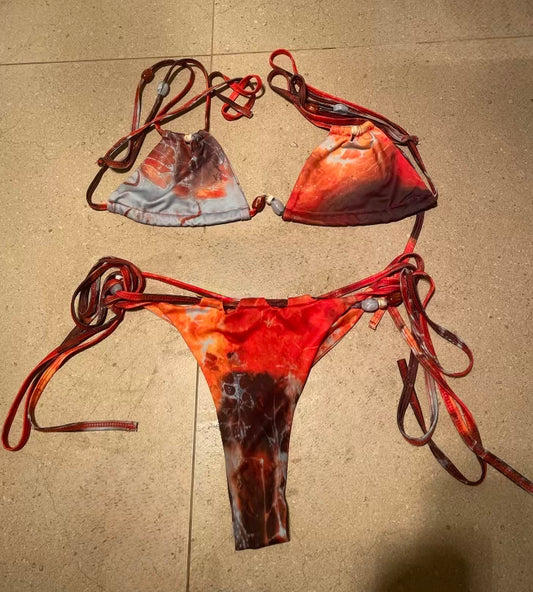 Boho tie-string bikini set with red/orange tie-dye triangle tops and thong bottoms