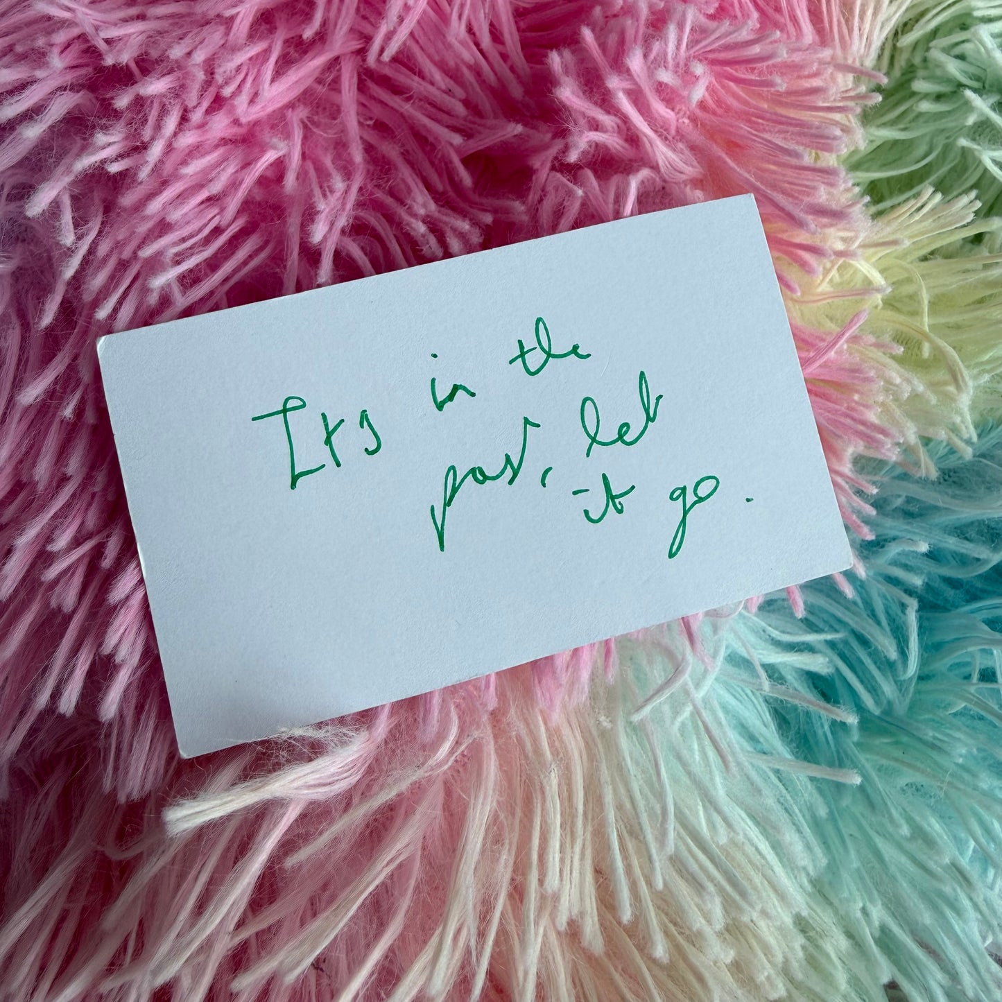 Handwritten note card in pink and mint shag fabric