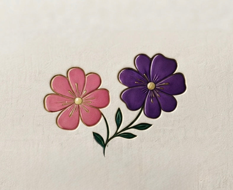 Floral decoration with pink and purple flowers and green leaves