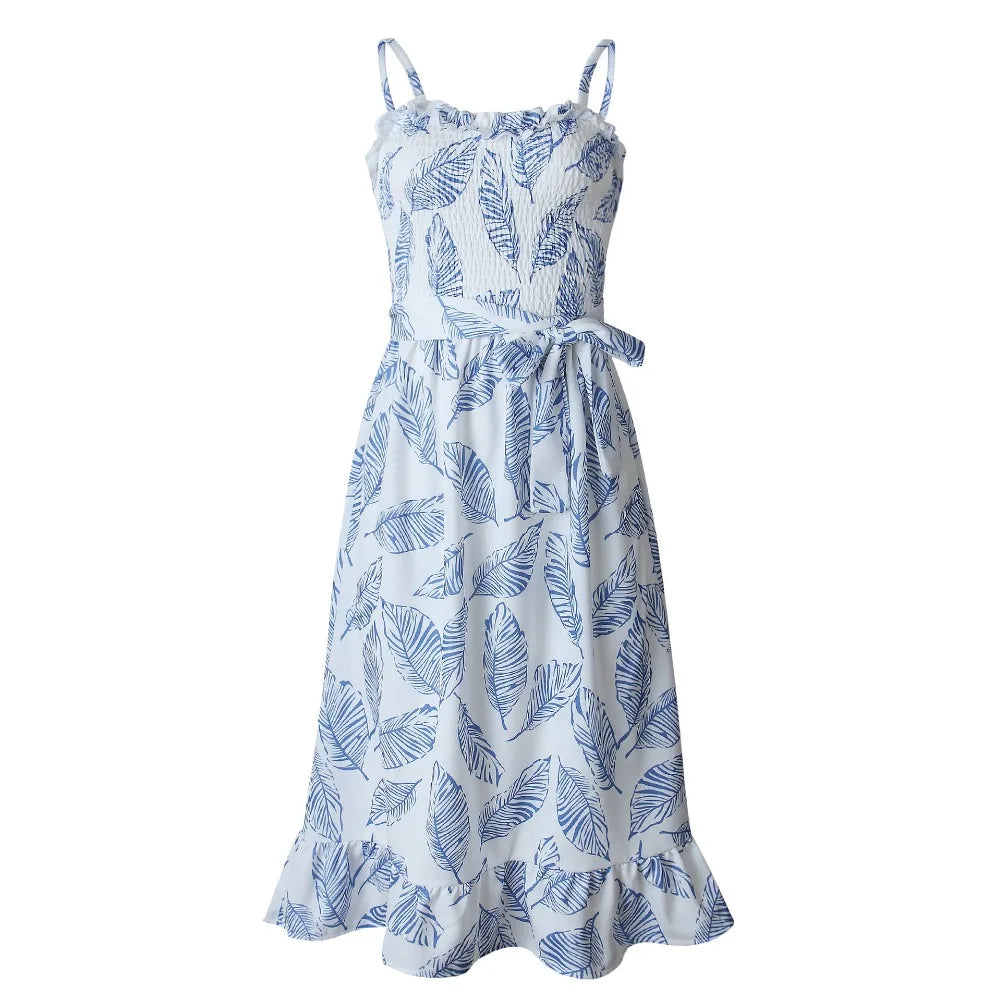 Leafprint Beachy Dress Blue