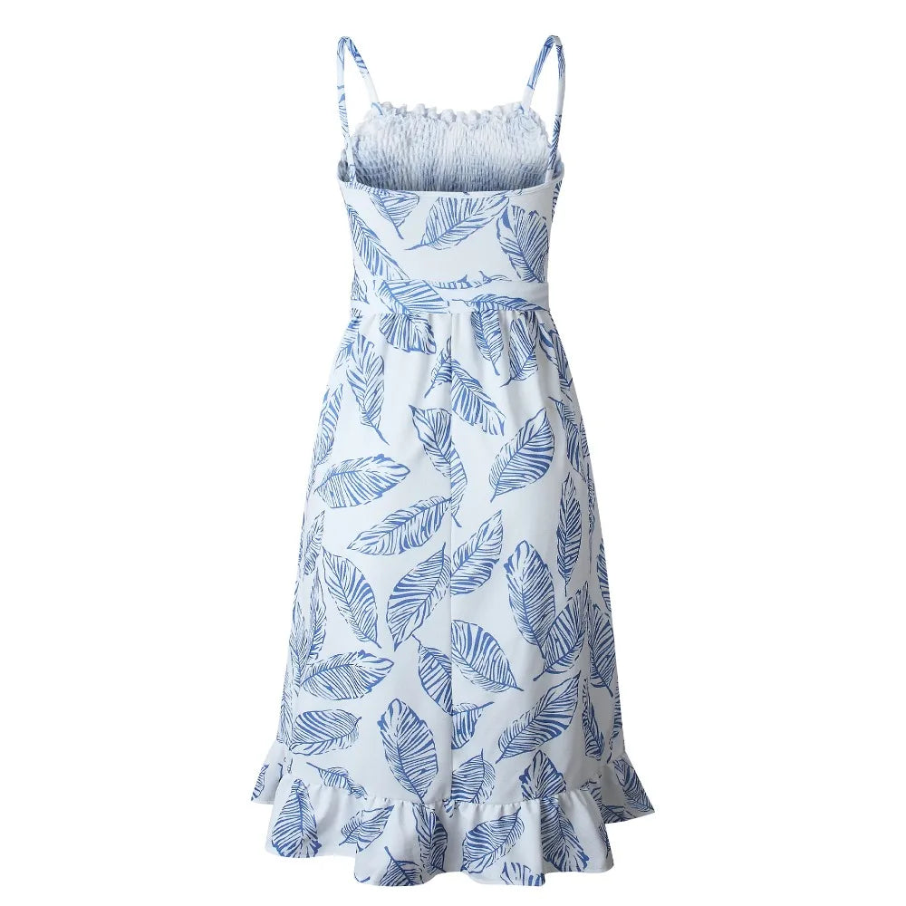 Leafprint Beachy Dress Blue