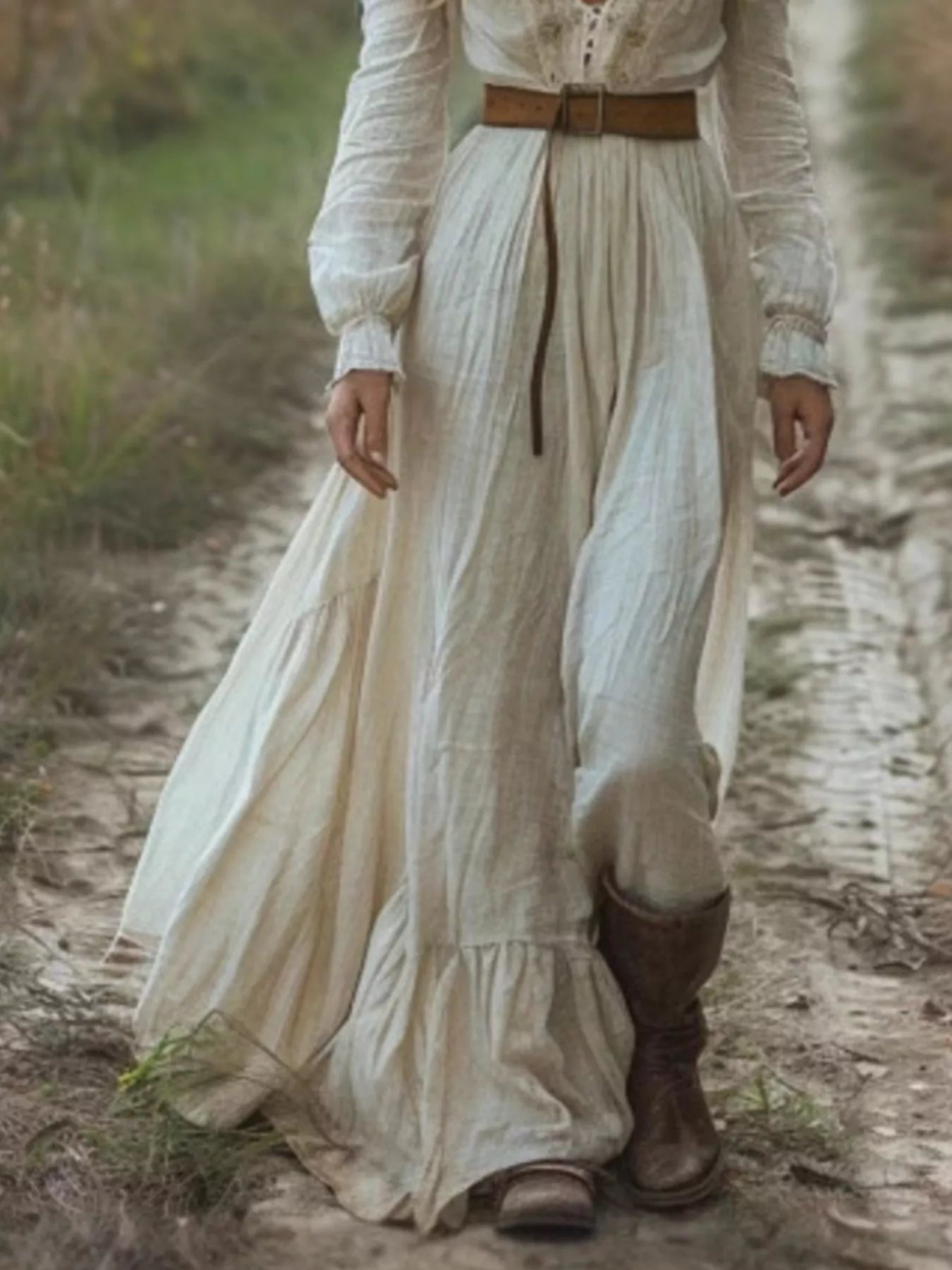 Long V-Neck Bohemia Maxi Dress Ivory