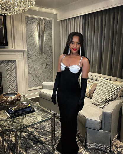 Diamond-Encrusted Chest Cup Contrast Evening Dress
