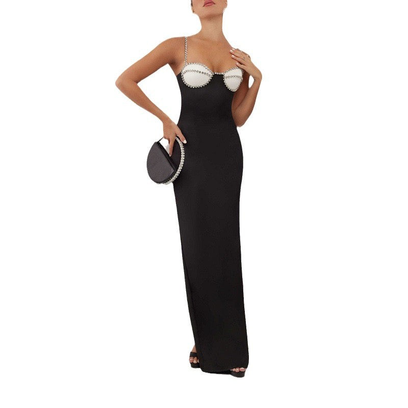 Diamond-Encrusted Chest Cup Contrast Evening Dress