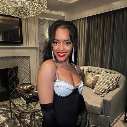 Diamond-Encrusted Chest Cup Contrast Evening Dress