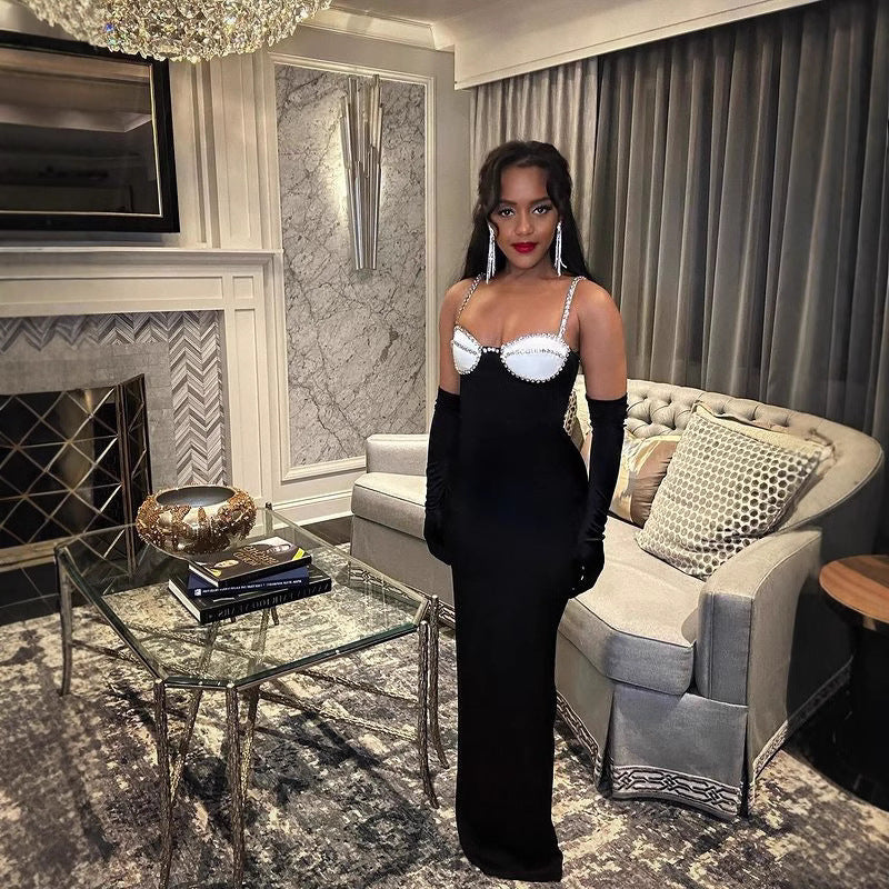 Diamond-Encrusted Chest Cup Contrast Evening Dress