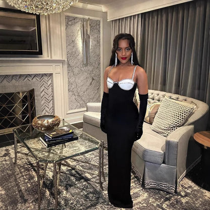Diamond-Encrusted Chest Cup Contrast Evening Dress