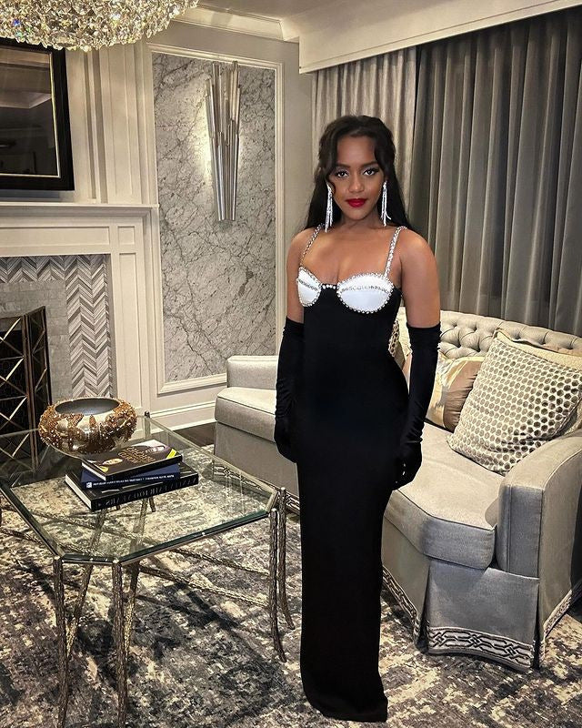 Diamond-Encrusted Chest Cup Contrast Evening Dress