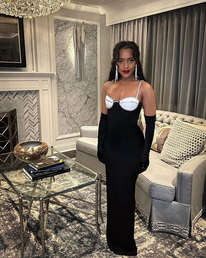 Diamond-Encrusted Chest Cup Contrast Evening Dress