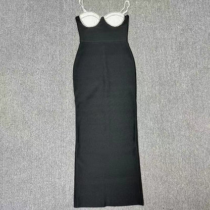 Diamond-Encrusted Chest Cup Contrast Evening Dress