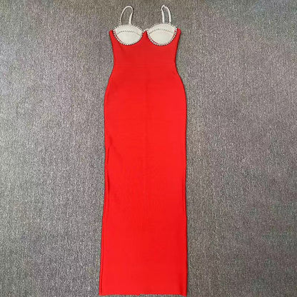 Diamond-Encrusted Chest Cup Contrast Evening Dress