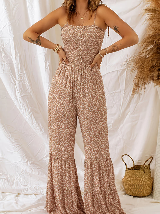 Light beige floral sleeveless jumpsuit with square neck, gathered waist, wide legs