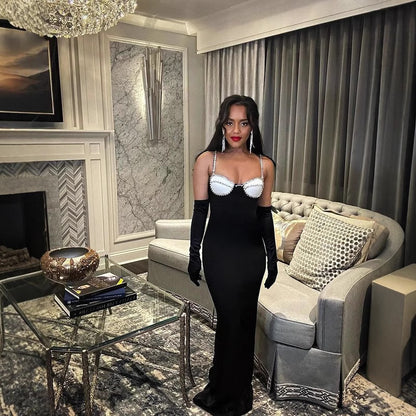 Diamond-Encrusted Chest Cup Contrast Evening Dress